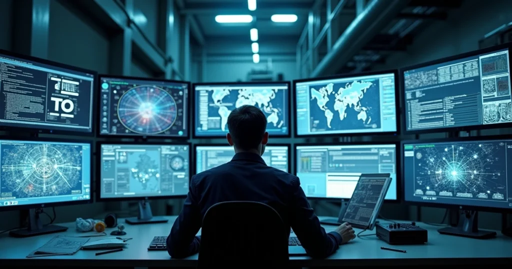 Industrial engineer analyzing AI system errors on multiple screens in a factory control room