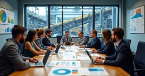 Equipe de consultoria industrial analisando equipamentos em reunião com gráficos e laptops