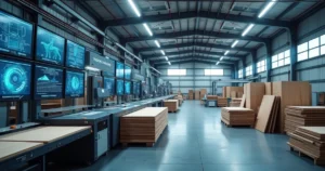 Interior of a modern wood panel factory with digital monitoring screens and automated machinery