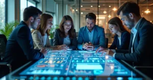 Equipe de profissionais em ambiente corporativo usando ferramentas digitais para gestão de projetos com inteligência artificial