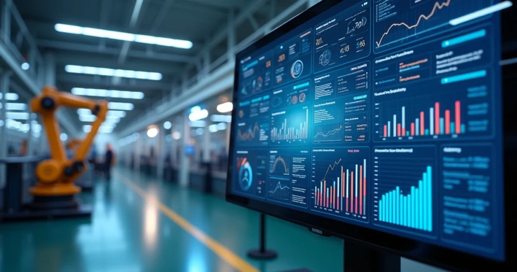 Painel digital com gráficos de gestão de ativos em tela de software industrial com fundo de fábrica