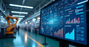 Painel digital com gráficos de gestão de ativos em tela de software industrial com fundo de fábrica