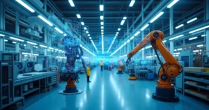 Fábrica inteligente com robôs colaborativos, telas digitais e monitoramento de processos industriais em alta tecnologia
