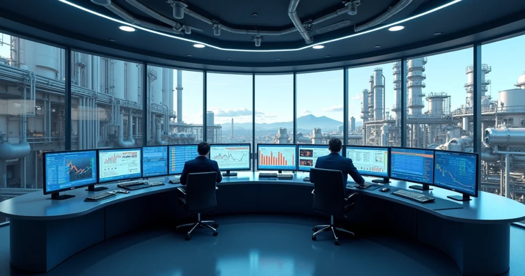 Control room of a cellulose plant with multiple screens showing production data and performance metrics