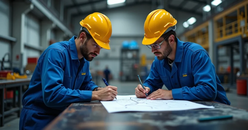 Equipe técnica em reunião de planejamento com gráficos, tablets e equipamentos industriais ao redor