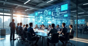 Equipe industrial em reunião com telas digitais mostrando dados e gráficos de comunicação interna