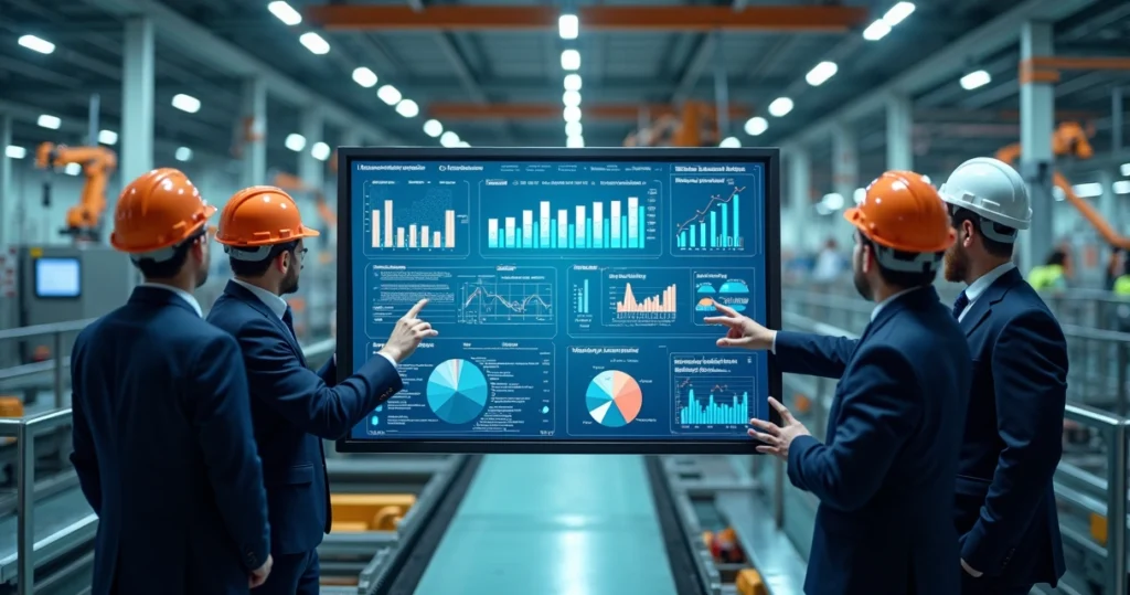 Equipe industrial discutindo processos com painel digital e gráficos de desempenho ao fundo