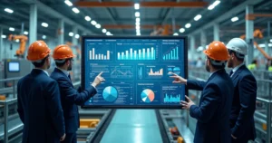 Equipe industrial discutindo processos com painel digital e gráficos de desempenho ao fundo