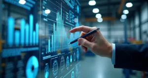 Mão segurando caneta apontando para gráficos financeiros em tela digital com elementos de construção industrial ao fundo