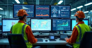 Sala de controle industrial com múltiplas telas exibindo dados de manutenção preditiva e indicadores de desempenho, com engenheiros analisando informações e painéis digitais modernos