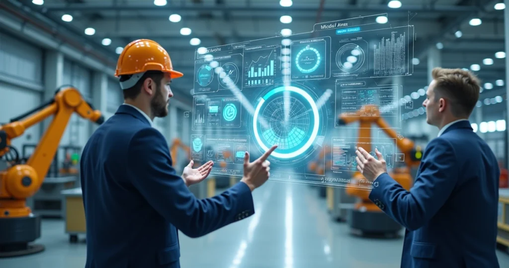 Interior de indústria moderna com engenheiros analisando dashboards digitais em telas transparentes e equipamentos automatizados em operação