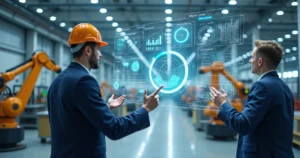 Interior de indústria moderna com engenheiros analisando dashboards digitais em telas transparentes e equipamentos automatizados em operação