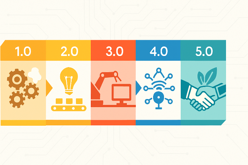 Linha do tempo ilustrativa mostrando as fases da revolução industrial da Indústria 1.0 à Indústria 5.0 com elementos visuais representando mecanização, eletricidade, automação, IoT e robôs colaborativ