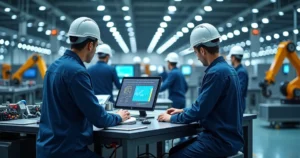 Equipe industrial qualificada trabalhando com equipamentos tecnológicos modernos em ambiente de fábrica