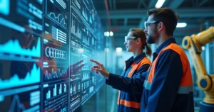 Painel digital exibindo gráficos de análise de dados industriais com operadores industriais observando