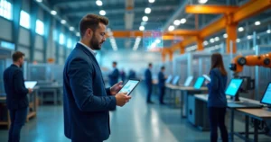 Profissional industrial moderno usando tablet em fábrica com equipe ao fundo