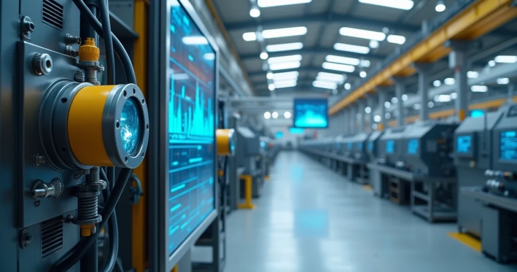 Sensores industriais instalados em maquinário realizando coleta de dados em ambiente fabril moderno e limpo