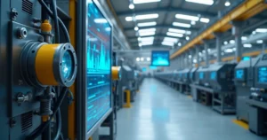 Sensores industriais instalados em maquinário realizando coleta de dados em ambiente fabril moderno e limpo