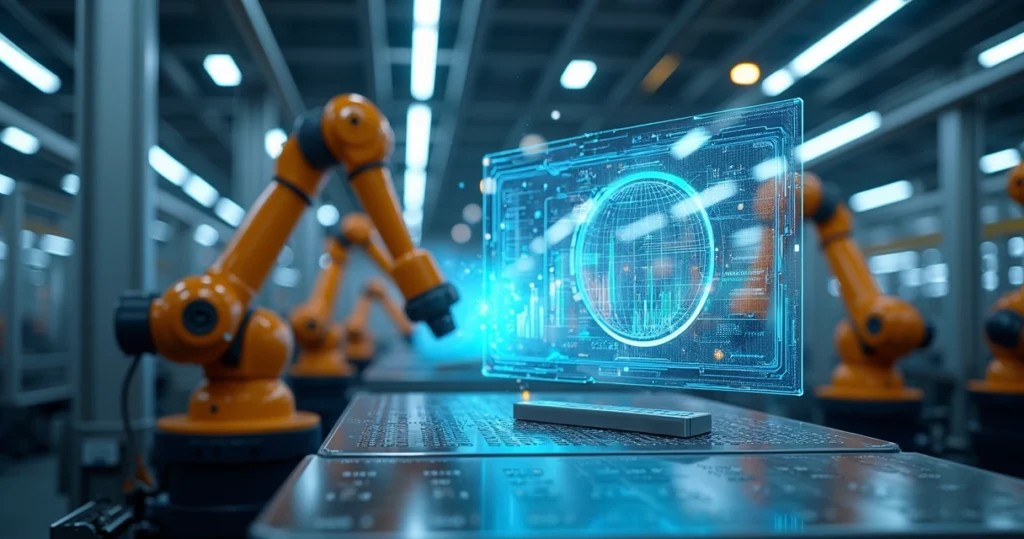 Representação digital de um ambiente industrial com painéis gráficos de Big Data, conexões IoT e ícones de inteligência artificial integrados