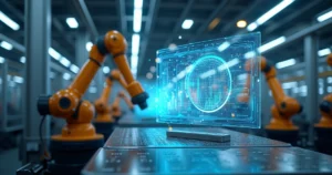 Representação digital de um ambiente industrial com painéis gráficos de Big Data, conexões IoT e ícones de inteligência artificial integrados