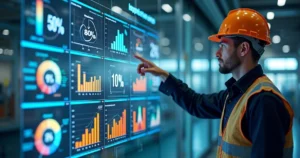 Engenheiro analisando gráficos de riscos operacionais em tela digital com indicadores percentuais
