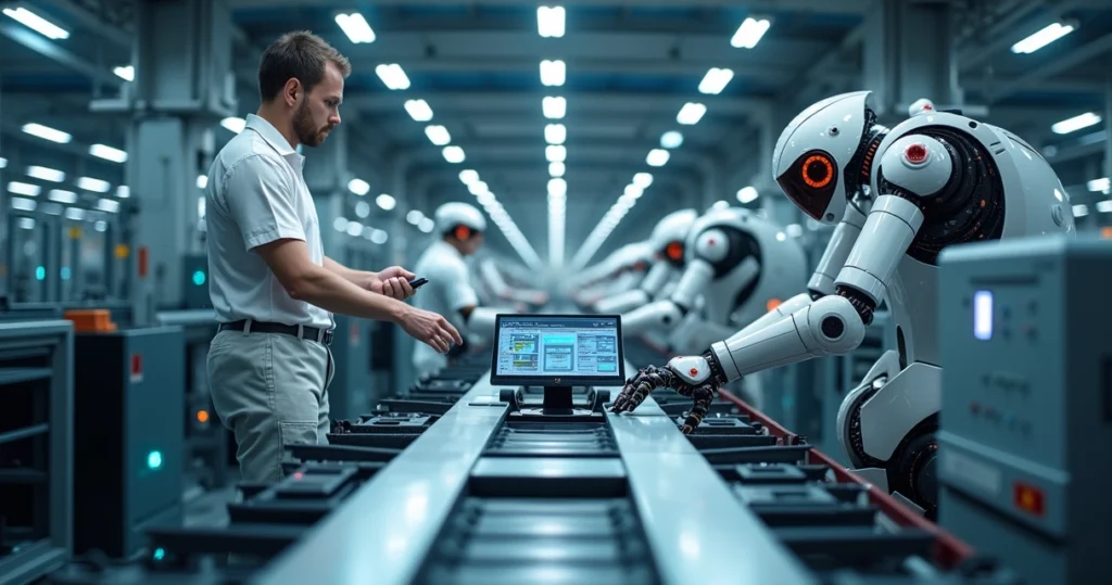 Linha de produção industrial automatizada com computadores e robôs colaborando em ambiente moderno e iluminado