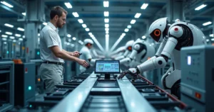 Linha de produção industrial automatizada com computadores e robôs colaborando em ambiente moderno e iluminado