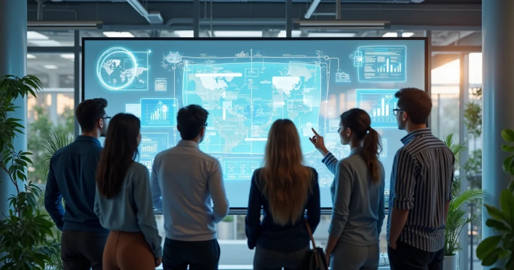 Equipe diversa colaborando em ambiente de escritório moderno com painéis e gráficos de inovação