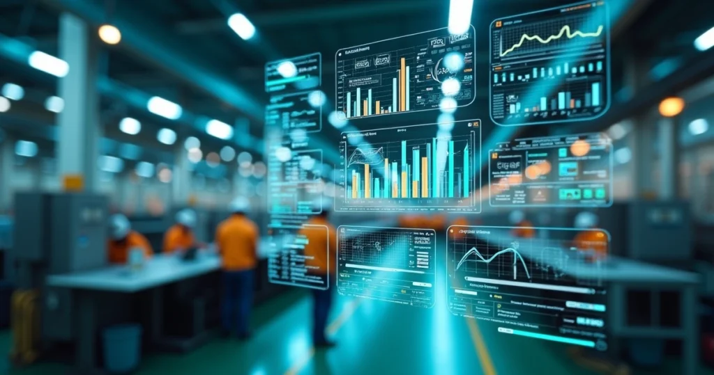 Painel de controle digital com gráficos e indicadores de KPIs industriais em ambiente fabril moderno