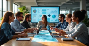 Equipe diversificada colaborando em ambiente de escritório moderno com laptops e tablets