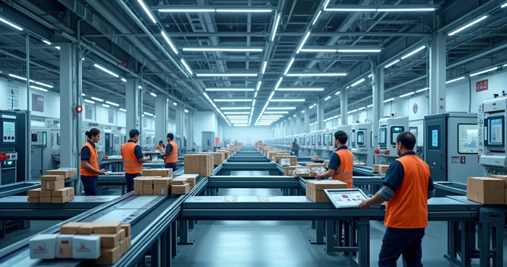 Fluxo industrial detalhado mostrando etapas de planejamento, produção, controle de qualidade e expedição em ambiente fabril