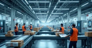 Fluxo industrial detalhado mostrando etapas de planejamento, produção, controle de qualidade e expedição em ambiente fabril