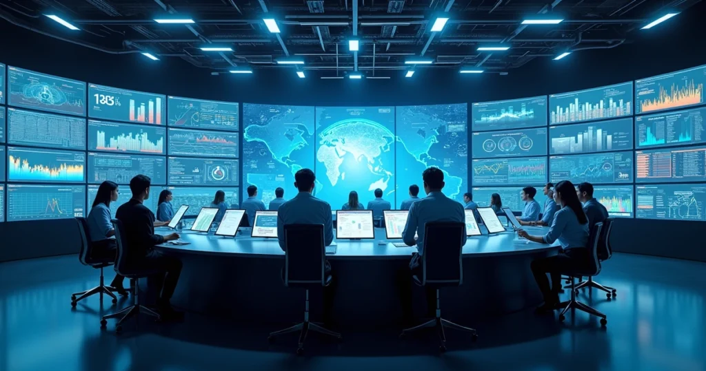 Painel digital moderno exibindo dados de gestão industrial com gráficos e indicadores de IA