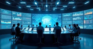 Painel digital moderno exibindo dados de gestão industrial com gráficos e indicadores de IA