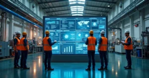 Equipe industrial analisando gráficos de riscos e equipamentos em ambiente de fábrica moderno