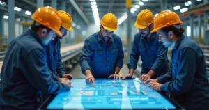 Equipe industrial em reunião de gestão da mudança com equipamentos modernos em fundo de fábrica
