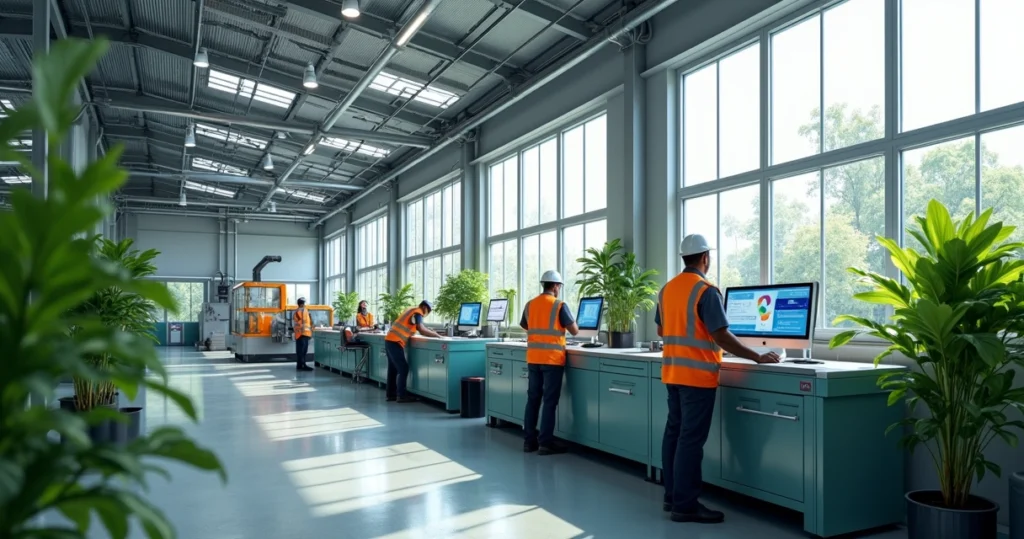 Linha de produção industrial sustentável com painéis solares e máquinas automatizadas