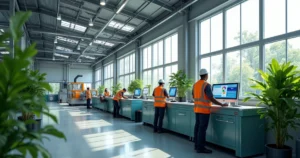 Linha de produção industrial sustentável com painéis solares e máquinas automatizadas