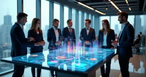 Equipe de líderes corporativos reunidos em ambiente moderno com telas digitais interativas exibindo gráficos e dados de transformação digital