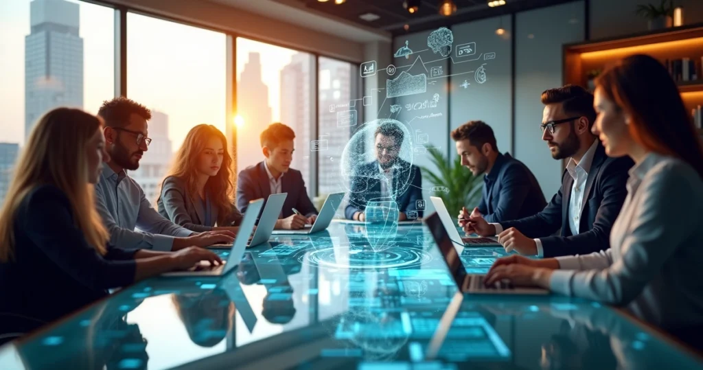 Pessoas em ambiente corporativo moderno colaborando com dispositivos digitais e gráficos digitais ao fundo