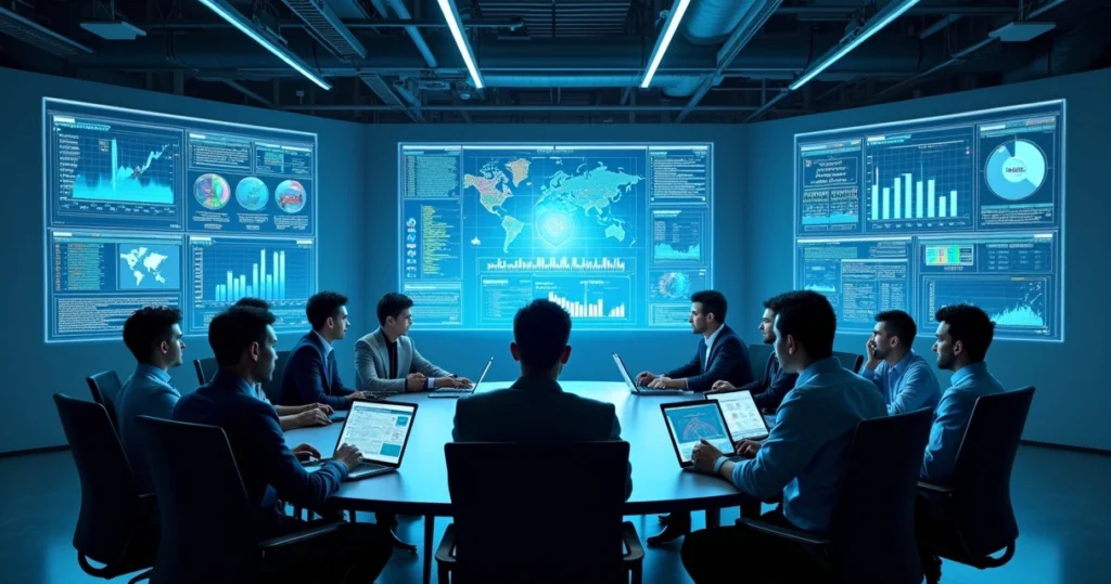 Equipe de profissionais da indústria reunida em sala moderna com telas digitais exibindo gráficos e dados em tempo real, unindo tecnologia e operação