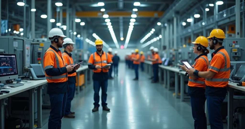 Funcionários em chão de fábrica usando canal digital para comunicação durante mudança de turno