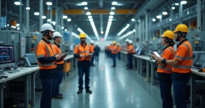 Funcionários em chão de fábrica usando canal digital para comunicação durante mudança de turno