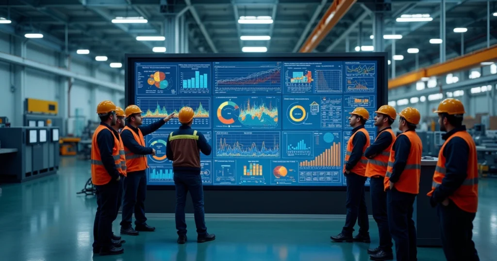 Painel digital mostrando indicadores de gestão de ativos com gráficos e equipes industriais analisando dados em ambiente de fábrica moderno