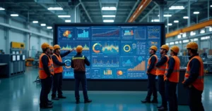 Painel digital mostrando indicadores de gestão de ativos com gráficos e equipes industriais analisando dados em ambiente de fábrica moderno