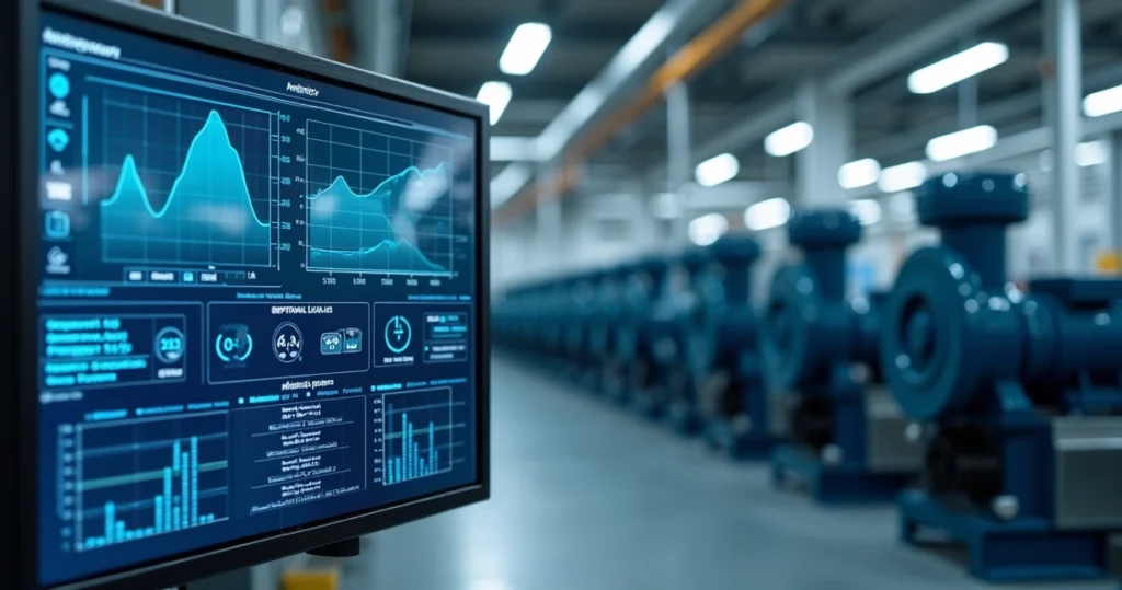 Painel digital com gráficos de análise preditiva na indústria mostrando dados de sensores e indicadores de manutenção