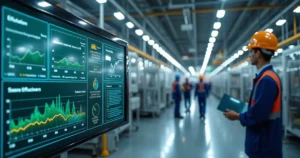 Painel digital em fábrica mostrando dashboards de Lean Manufacturing com indicadores de eficiência e redução de desperdícios