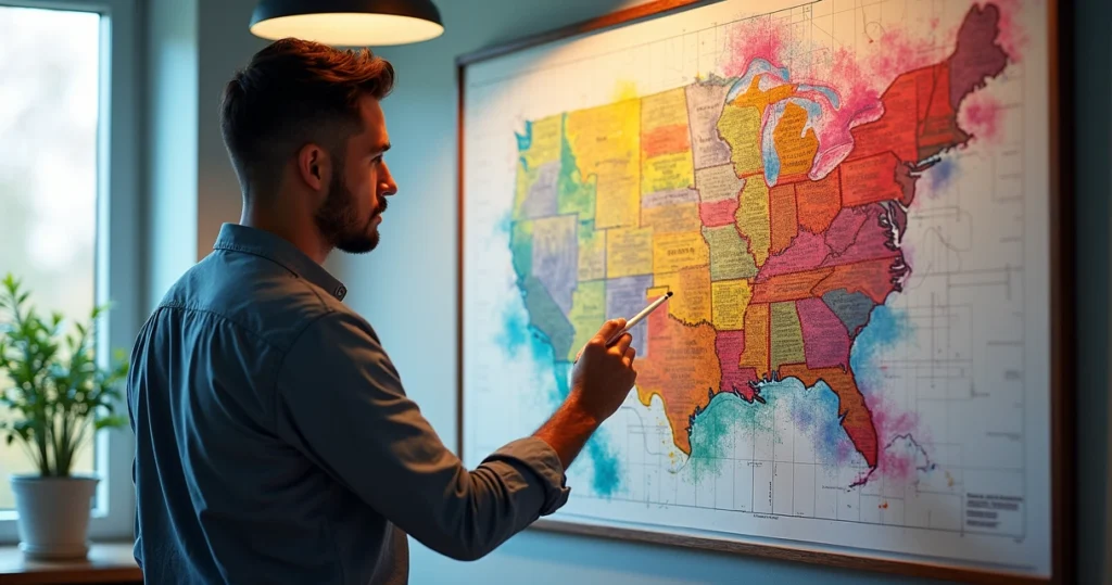 Profissional industrial analisando quadro com post-its coloridos e gráficos em escritório moderno