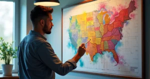 Profissional industrial analisando quadro com post-its coloridos e gráficos em escritório moderno