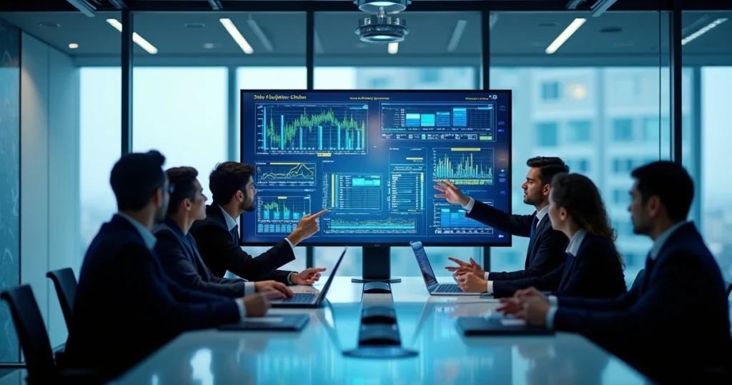 Executivos reunidos em sala moderna discutindo gráficos e indicadores em tela grande